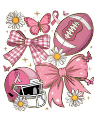 Breast cancer awareness football design with pink ribbon helmet flowers and bows