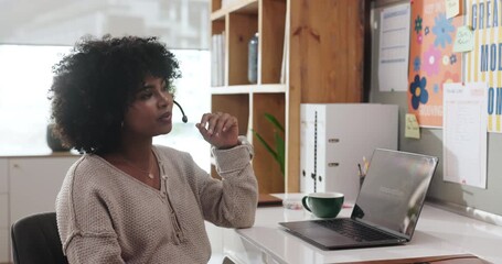 Black woman, consultant and headset with laptop in home for remote work or online advice. Female person, freelancer or agent talking with computer for virtual assistance or telecommunication in house - Powered by Adobe