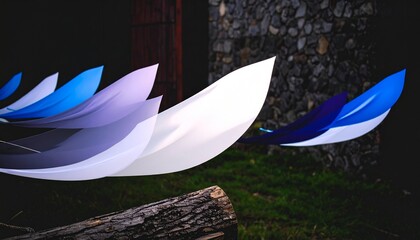 Three blue and white paper flowers sitting on a log background emotion scene cartoonish elements movement composition backgrounds expression layers figure motion illustration design