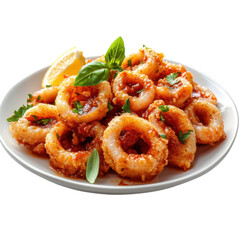 Delicious fried calamari rings served on a white plate with a lemon wedge and fresh basil garnish a seafood appetizer perfect for sharing and enjoying on transparent background