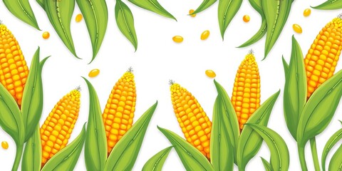 Cheerful cartoon corn cobs & leaves repeat on white,  agriculture,  print