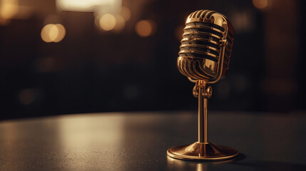 a cinematic close-up photography of a shiny golden microphone with intricate details and a slender stand, resting on a sleek surface, symbolizing fame and power, with the microphone's grille and metal