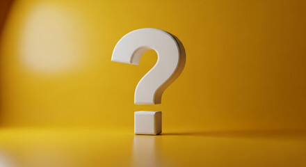 White question mark on yellow background, 3D rendered image,  symbolising inquiry, uncertainty,  or problem-solving, suitable for websites or presentations
