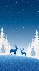 Winter Deer Landscape Illustration for Holiday Greeting Cards &ndash; Magical Winter Night with Deer Silhouettes Under Starry Sky