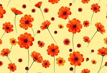 Creamy yellow background with a seamless pattern of warm orange and red cosmos flowers,  background,  pattern