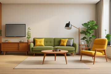 Modern Minimalist Living Room with Green Sofa and Yellow Armchair