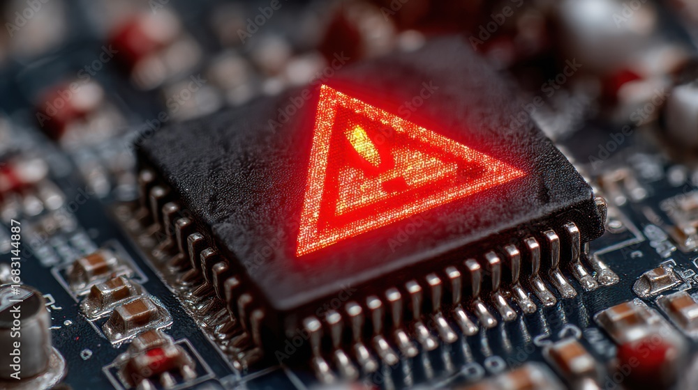 Poster a red warning symbol glows on a microchip surface, indicating a possible issue with the electronic d
