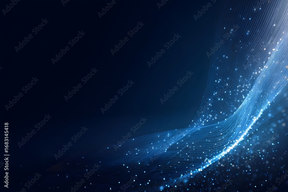 Wall mural abstract background with blue glowing light rays and stars on a dark background. big data technology
