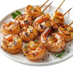 Delicious grilled shrimp skewers seasoned with herbs served on a white plate perfect for appetizers or a light meal showcasing culinary artistry on transparent background