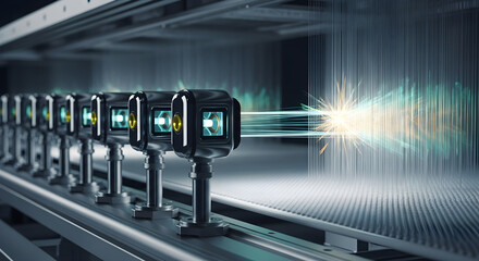 A row of advanced industrial lasers firing in perfect unison, a conceptual visualization of the powerful processing core inside a futuristic AI art generator tool creating digital art.