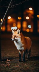 Majestic red fox amidst urban bokeh lights at twilight setting