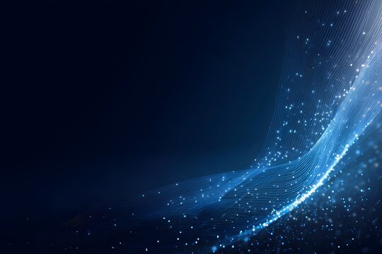 Abstract background with blue glowing light rays and stars on a dark background. Big data technology, internet connection concept.