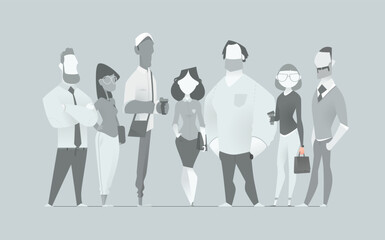 Vector cartoon business characters in grayscale placeholder style. Diverse faceless people with glasses and hairstyles, perfect for your web, app, or print design.