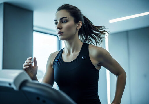 Focused young woman running on treadmill, modern gym, athletic wear, health tech, serious expression, fitness tracker, cool tones, determined, healthy lifestyle.