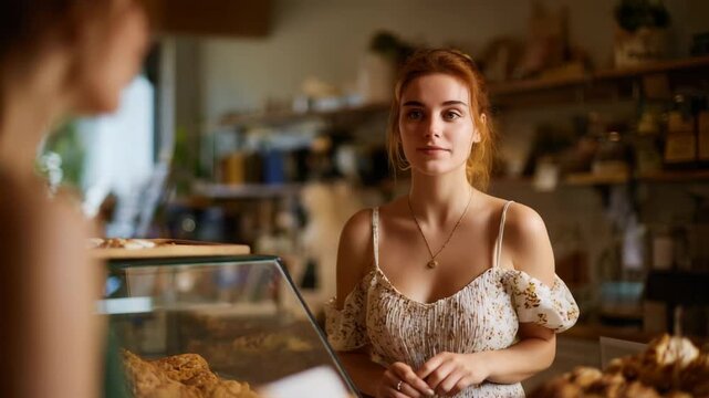 A friendly looking bakery saleswoman surrounded by fresh baked goods. Ideal for advertising hospitality. The video conveys an atmosphere of coziness and warmth. A great choice for advertising a cafe. - Powered by Adobe