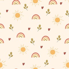 Seamless watercolor pattern with hand-drawn suns, rainbows, hearts and leaves on a light background. Cute boho design for kids, fabric, wallpaper, stationery and digital projects.