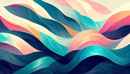 A painting of mountains with colorful waves background layers cartoonish creative backgrounds figure motion frame gesture elements illustration emotion design depth scene movement composition