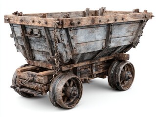 A weathered, wooden mining cart stands out against a plain white background, showcasing its aged, worn-out details and rustic charm.