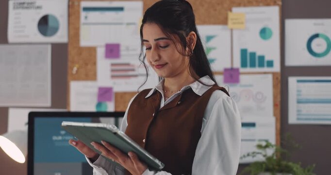 Business, woman and browsing on tablet in office for subscription growth, KPI stats and performance. Social media analyst, employee and happy with tech for tracking follower metrics and data analysis - Powered by Adobe