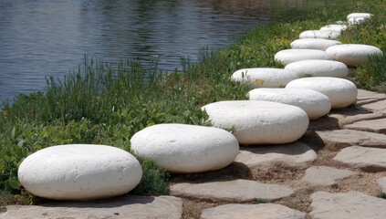 Fototapeta premium A pathway of smooth, white stones leads gently along a tranquil water's edge.