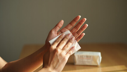Person Cleaning Hands with a Wet Wipe