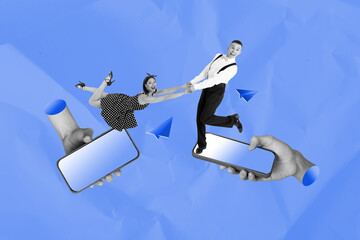 Trendy pop creative collage of happy girl guy stand hands hold phone message networking paper plane communication speech