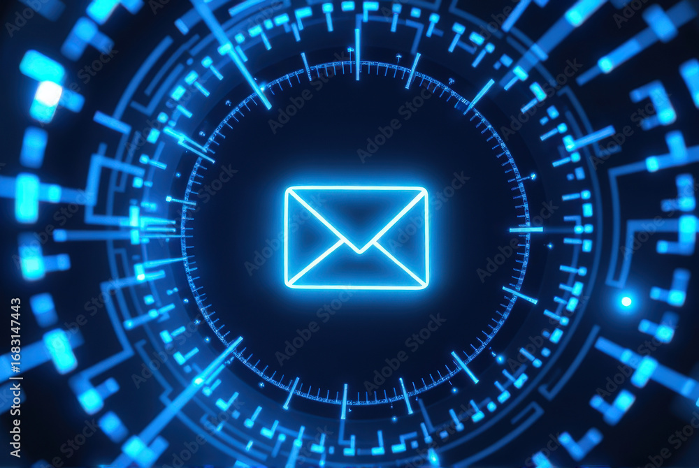 Aufkleber digital illustration of a glowing email icon surrounded by a circular technology pattern, symbolizin