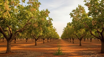 Pistachio orchard with lush trees on red soil under blue sky