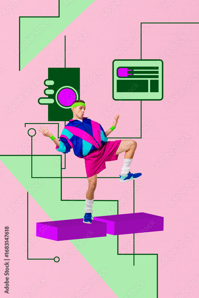 Poster vertical image sketch vertical collage of happy businesswoman stand interface button target algorith