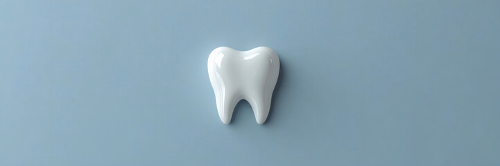 "Create a minimalistic design with a plain background (solid light blue or white). Place a small, glossy white tooth icon on the top right corner of the image. The tooth should be clean and simple, sl