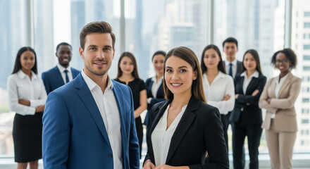 Obraz premium Diverse team of confident business professionals standing in a modern office, a man and woman in focus leading the group. Ideal for concepts of teamwork and success