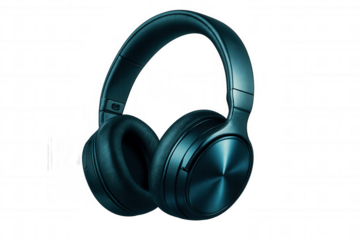 Studio shot of teal blue wireless headphones hovering against a transparent background, emphasizing portability and music enjoyment