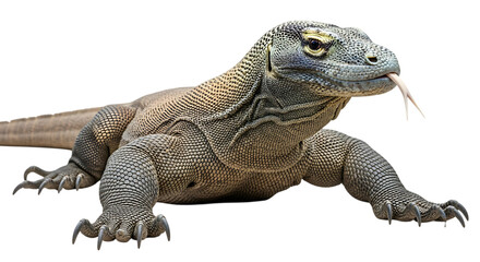 Obraz premium Majestic Komodo Dragon Reptile Showing Tongue and Claws Isolated on Transparent Background Wildlife Photography