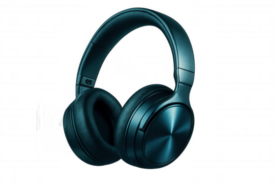 Studio shot of teal blue wireless headphones hovering against a transparent background, emphasizing portability and music enjoyment