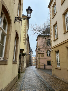 Rue de la Congr&eacute;gacion empty on a damp winter day. Luxembourg.