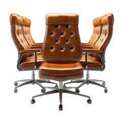 Elegant brown leather executive chairs arranged for a boardroom meeting showcasing luxury office furniture and professional workspace design aesthetic on transparent background