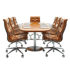 Elegant conference room featuring a wooden table and leather chairs perfect for corporate meetings and business discussions in a professional setting on transparent background