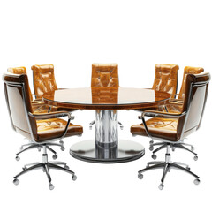 Elegant conference room featuring a round wooden table surrounded by six luxurious leather chairs ideal for business meetings and corporate discussions on transparent background