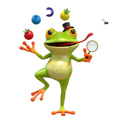 Fototapeta premium Whimsical amphibian performer entertaining with floating fruit ensemble
