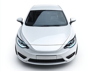 A full frontal view of a sleek, modern white car, highlighted by sophisticated LED headlights, set against a plain white background.