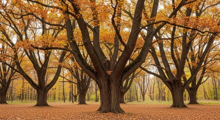 Naklejka premium Majestic autumn trees in a serene forest filled with vibrant orange leaves