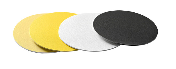 Three circular, layered discs in yellow, white, and black