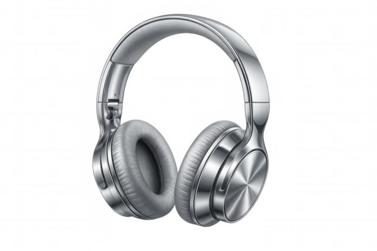 Modern silver wireless headphones floating on a transparent background, perfect for music lovers and audiophiles