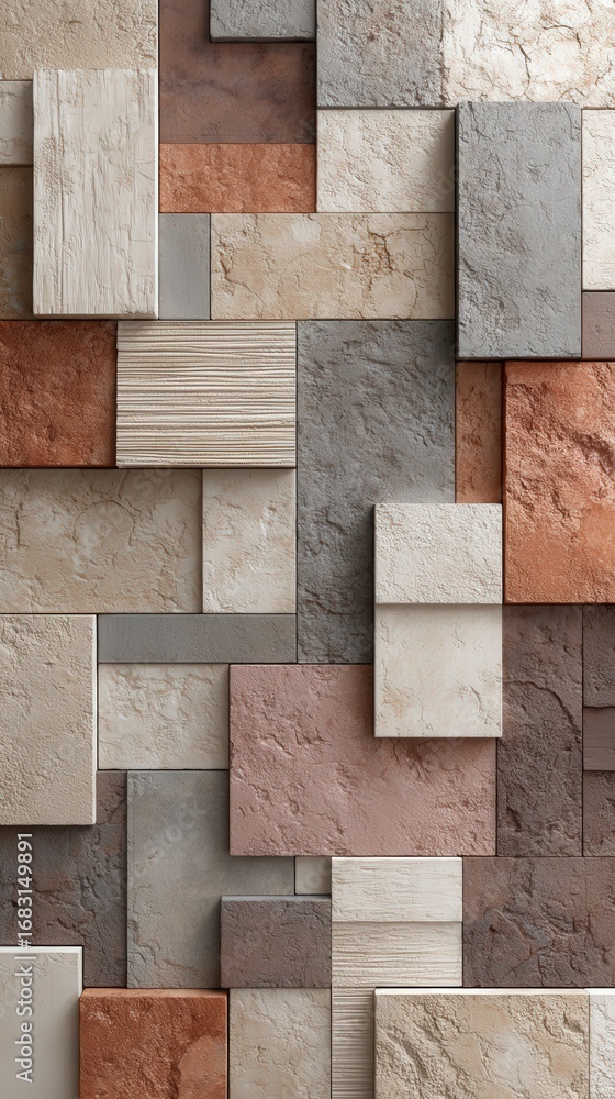 Aufkleber a textured mosaic of rectangular stone tiles in earthy tones, creating a geometric pattern.