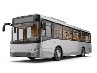 A modern, light gray public transportation vehicle, meticulously designed, is outfitted as a mobile library, showcasing numerous books on its interior shelves.