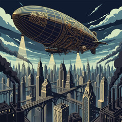 A majestic steampunk airship with intricate gold details soars over a dense, industrial Art Deco cityscape at night.