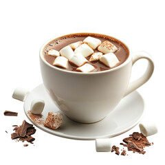Creamy hot chocolate with marshmallows in a white mug alongside chocolate pieces creates a cozy and delicious treat on transparent background