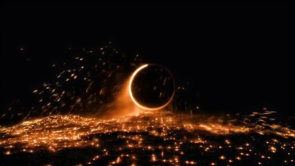 Fiery Ring of Fire Phenomenon at Night: Detailed Celestial Event Captured in Dark Setting with Glowing Orange Hues Against Black Background.  The - Powered by Adobe