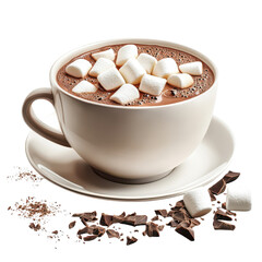 Steaming mug of hot chocolate topped with marshmallows and dark chocolate pieces on a saucer against a creates a cozy winter vibe on transparent background
