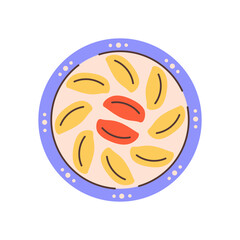 Songpyeon Korean Sweet Food on Plate. Hand drawn traditional Festival Asian dessert with colorful half moon shaped rice cakes for Chuseok. Flat style vector illustration